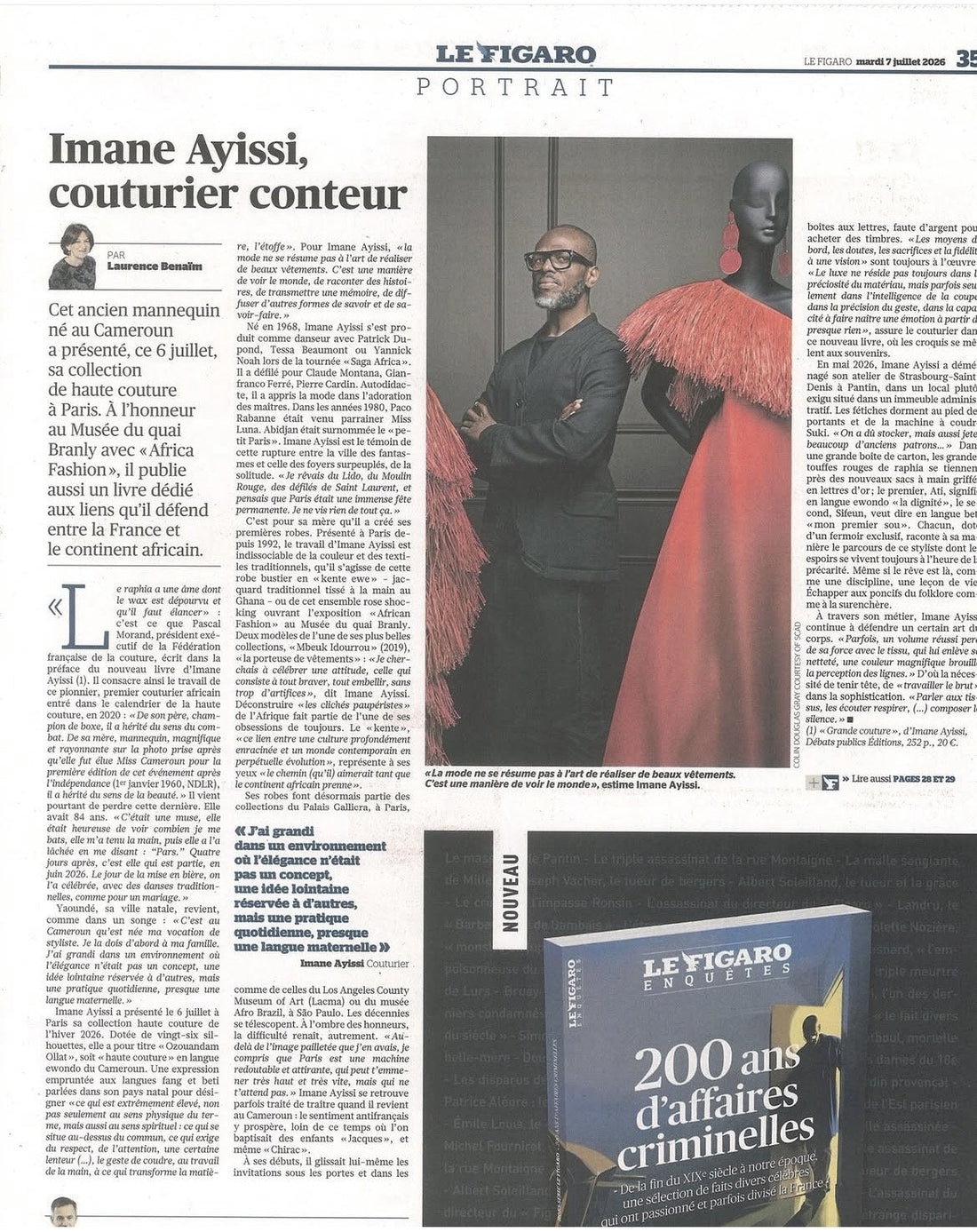 Imane Ayissi, couturier conteur dans l'édition du Figaro du 07 juillet 2026