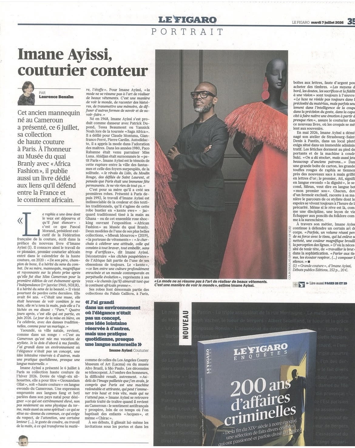 Imane Ayissi, couturier conteur dans l'édition du Figaro du 07 juillet 2026