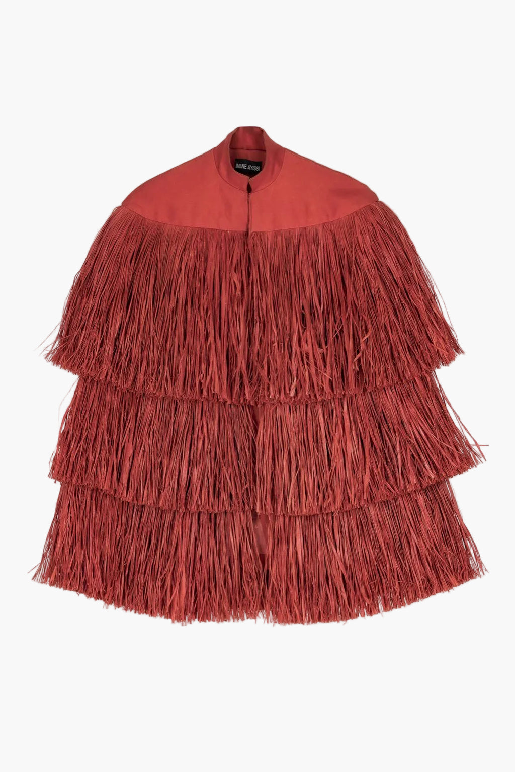 Fringed cape in silk and natural raffia