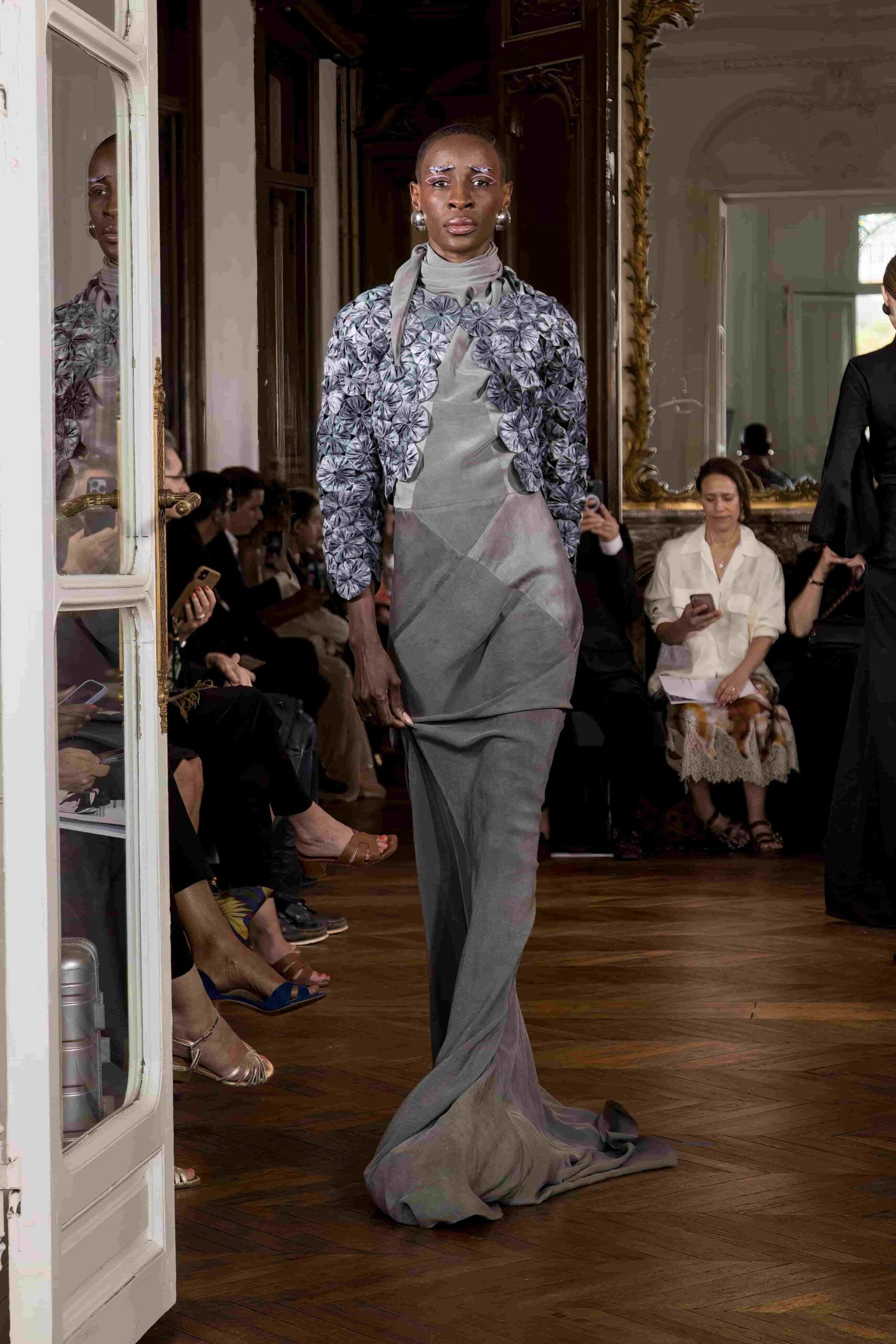 Jacket embroidered with scraps of dyed bazin fabric and bias-cut dress in washed silk