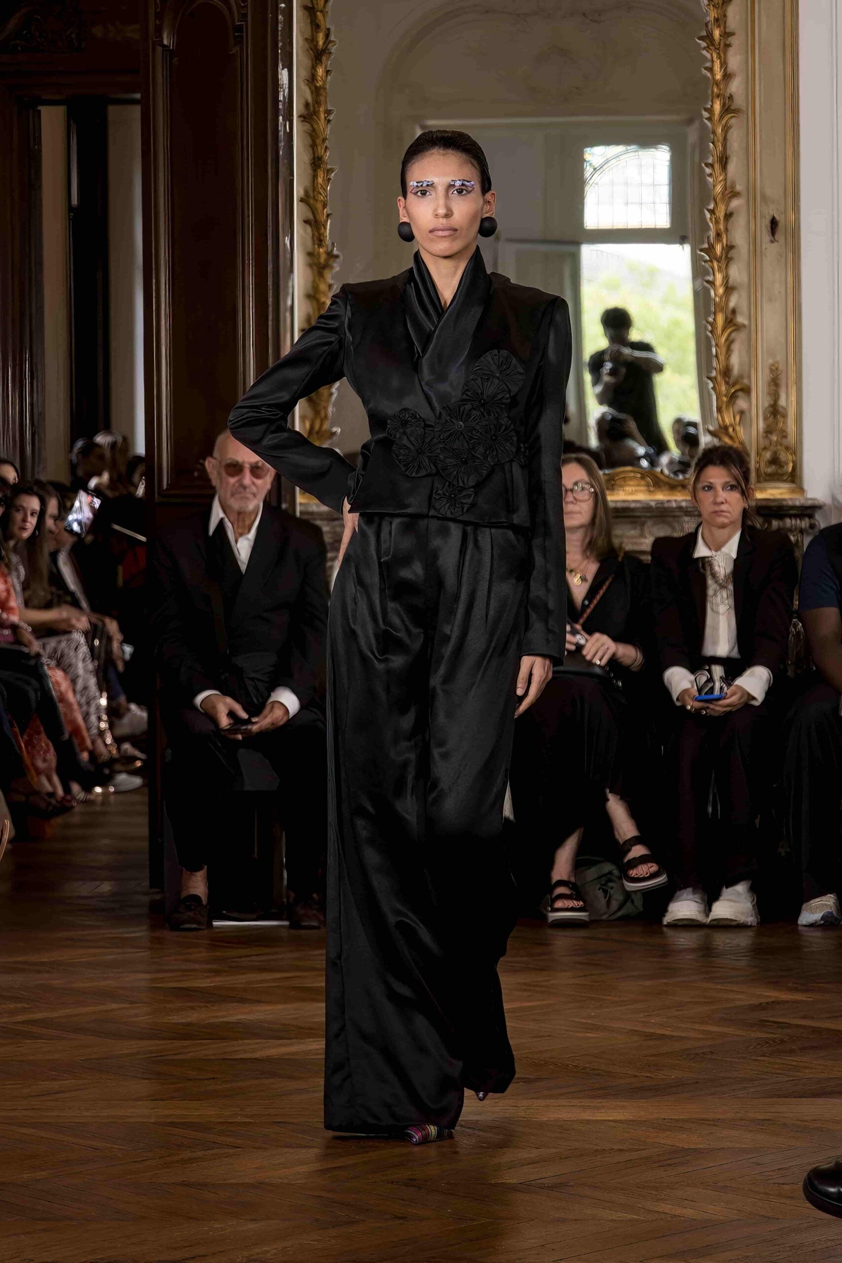 Embroidered trouser set made from scraps of silk taffeta