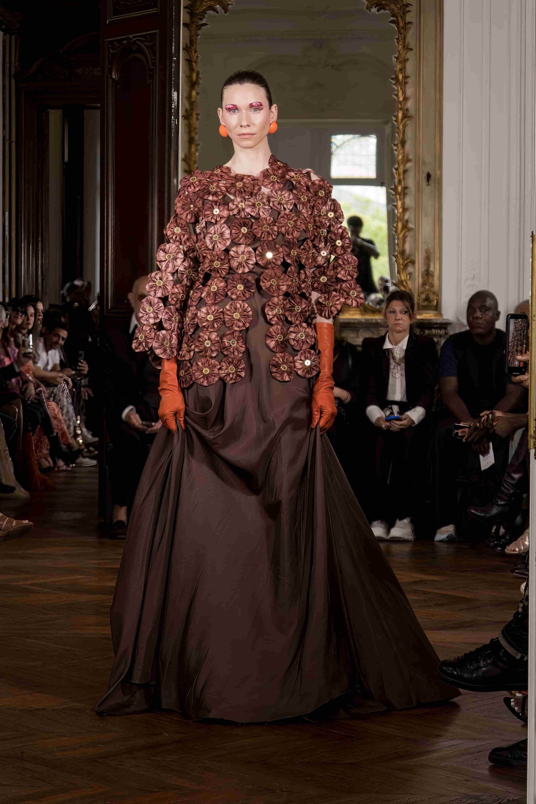 Evening coat in embroidery made from scraps of dyed bazin fabric and parachute silk dress