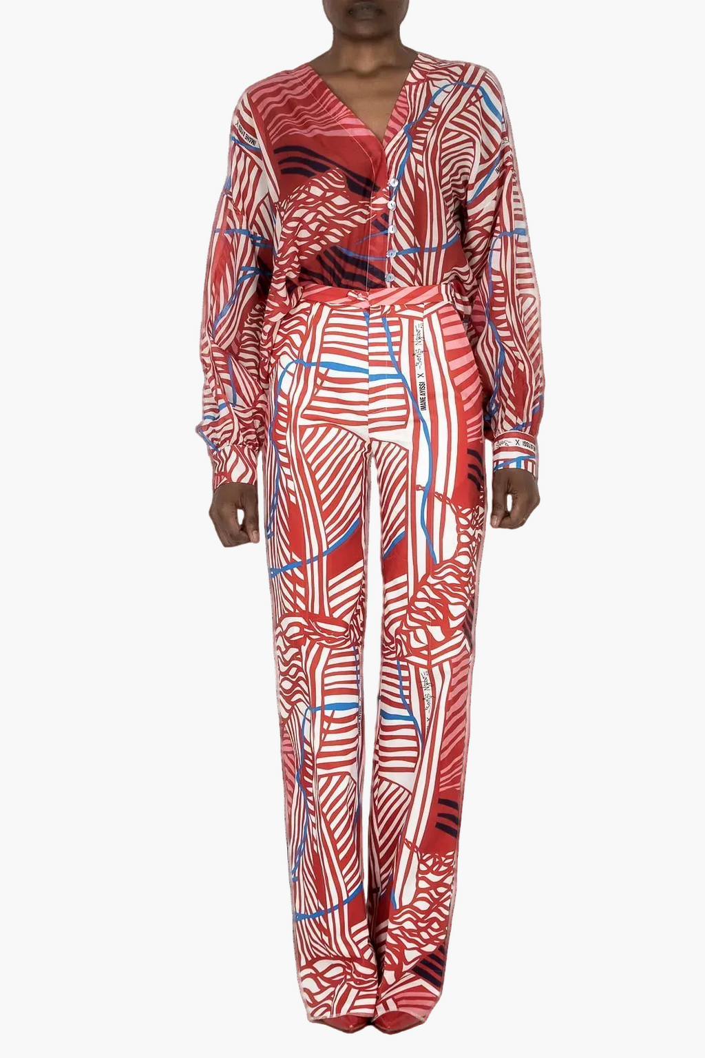 Straight-leg trousers in printed cotton satin in collaboration with Boris Nzebo