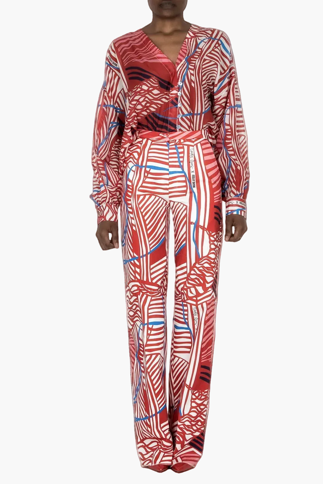 Straight-leg trousers in printed cotton satin in collaboration with Boris Nzebo