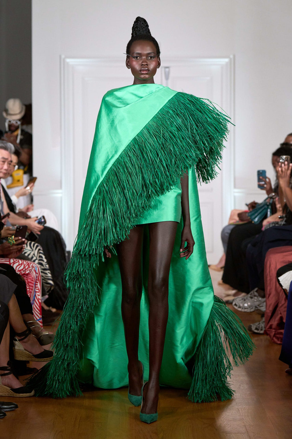 Green Mikado silk cape-dress