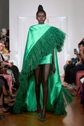 Green Mikado silk cape-dress