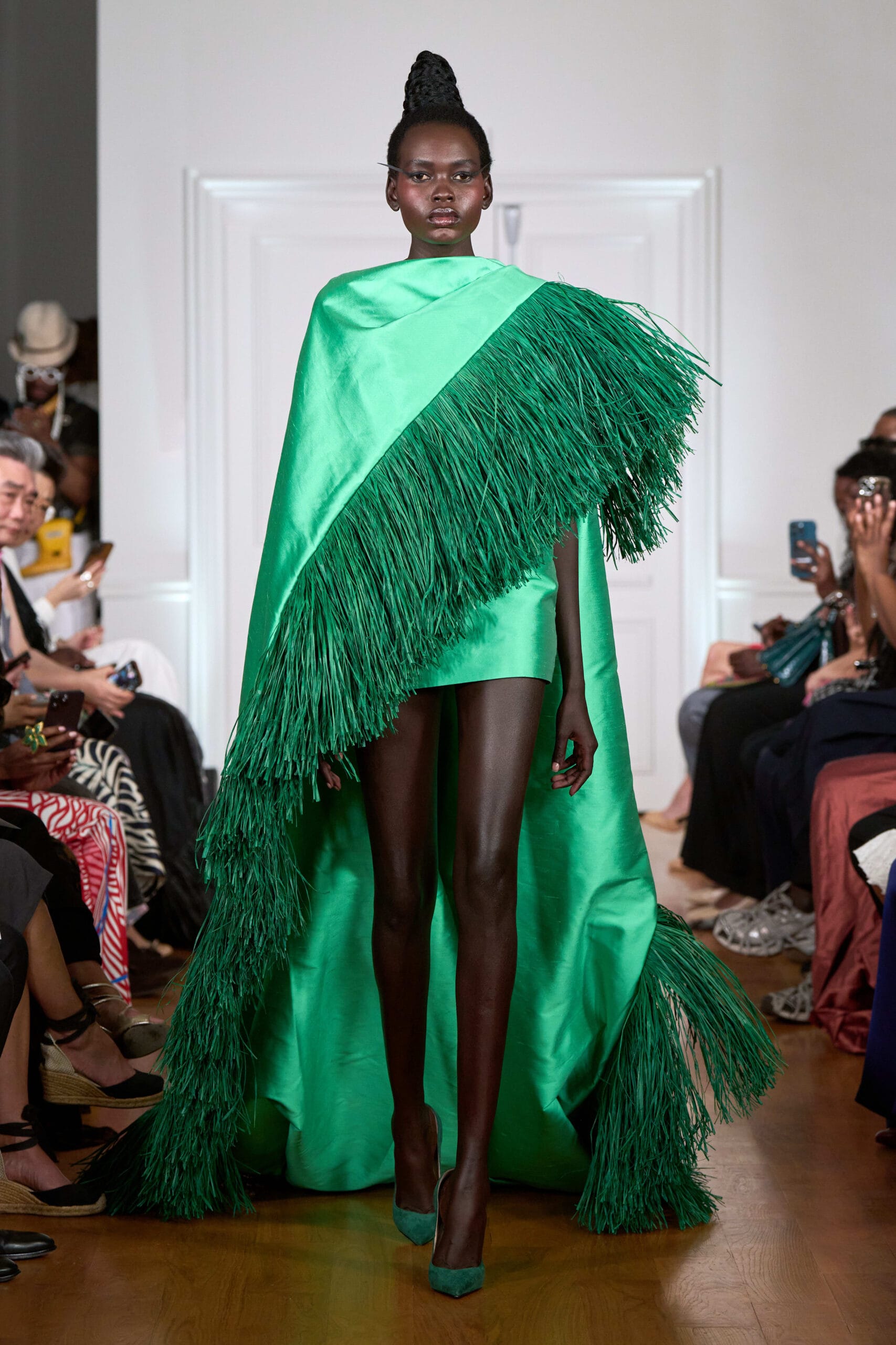 Green Mikado silk cape-dress