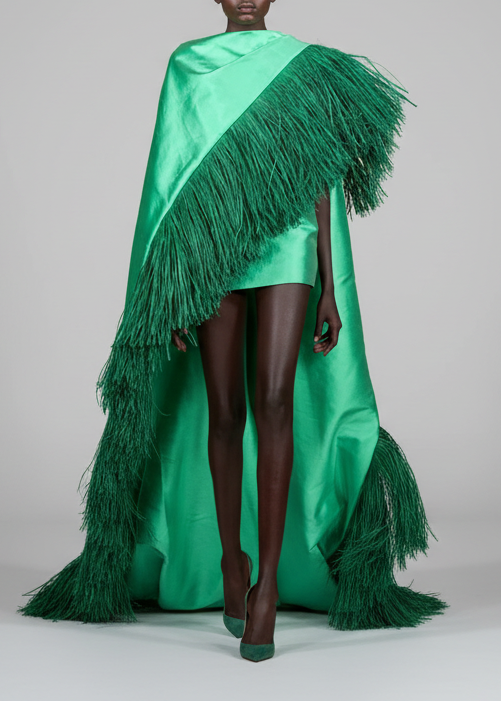 Green Mikado silk cape-dress