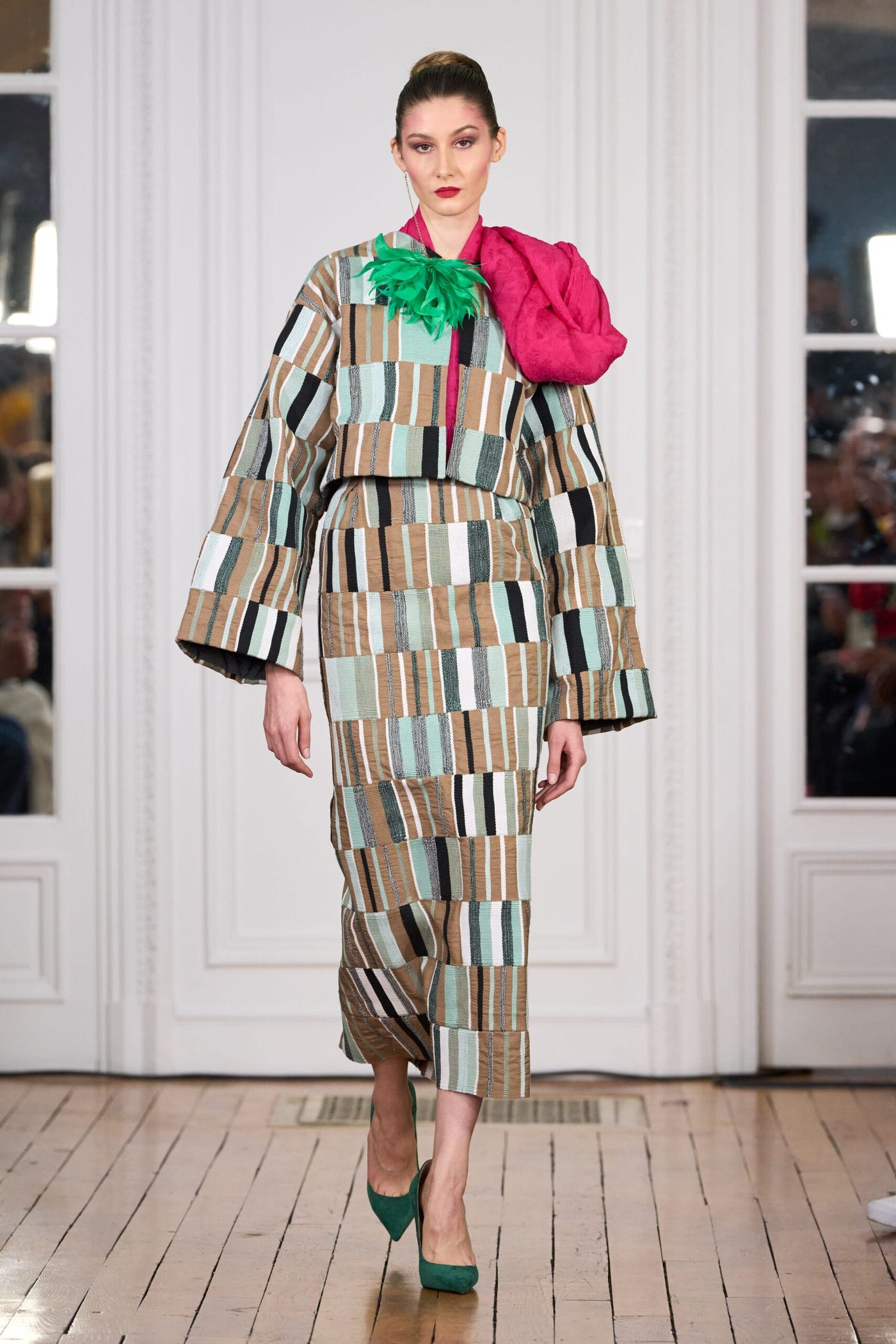 Cotton Kenté suit, hand-woven in Ghana, draped top in embossed silk organza