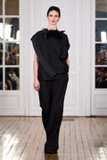 Set of trousers and draped top in linen and bamboo viscose and silk satin