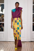 Skirt in cotton Kenté, hand-woven in Ghana, draped top in embossed silk organza