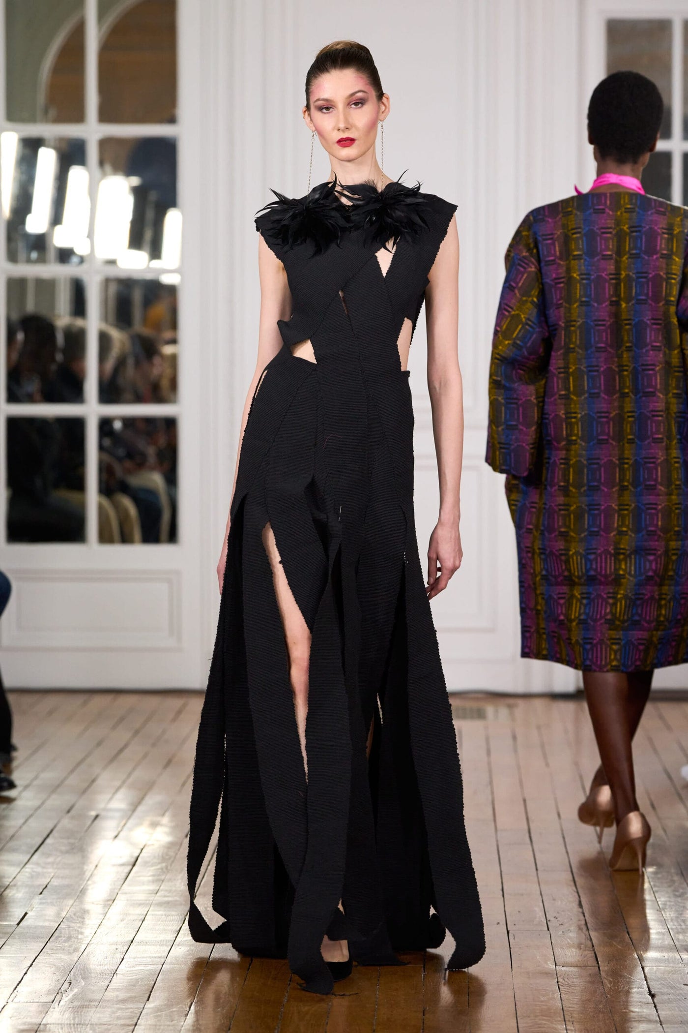 Long dress made from folded cotton strips hand-woven in Ghana