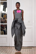 Sheath dress with draped peplum in silk changing taffeta