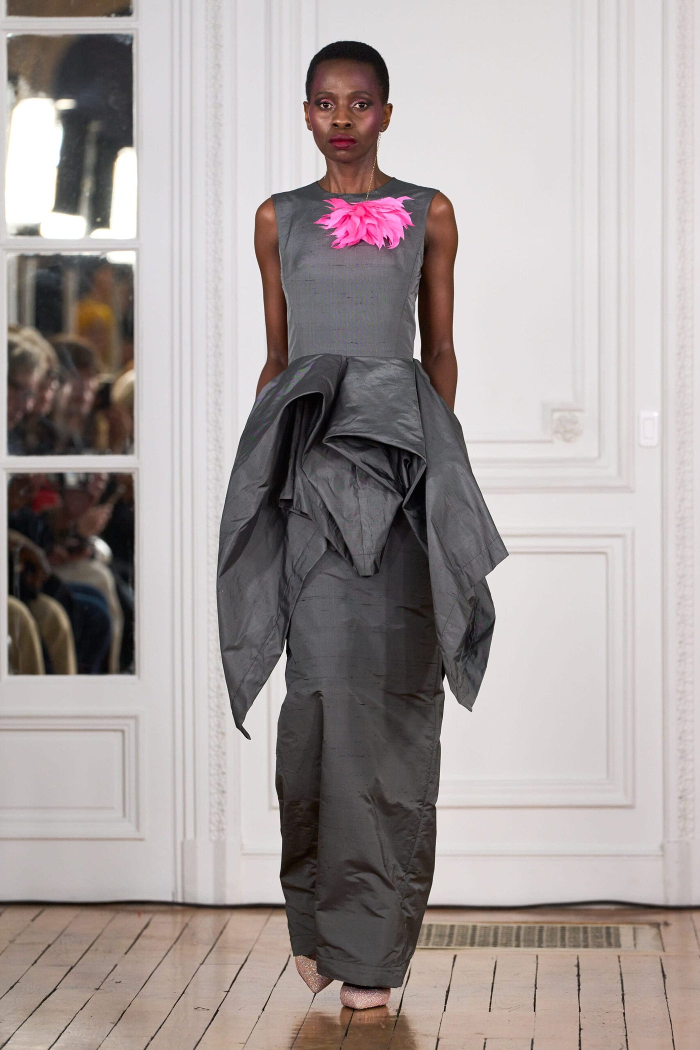 Sheath dress with draped peplum in silk changing taffeta