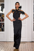 Sheath dress in silk taffeta and natural raffia from Madagascar