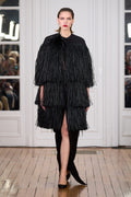 Set with cape in doupionné silk satin and fringes of natural madagascar raffia, matching pencil skirt in doupionné silk satin.